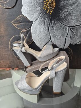 Benjamin Walk Silver Glitter Platform Block Heel Sandals
